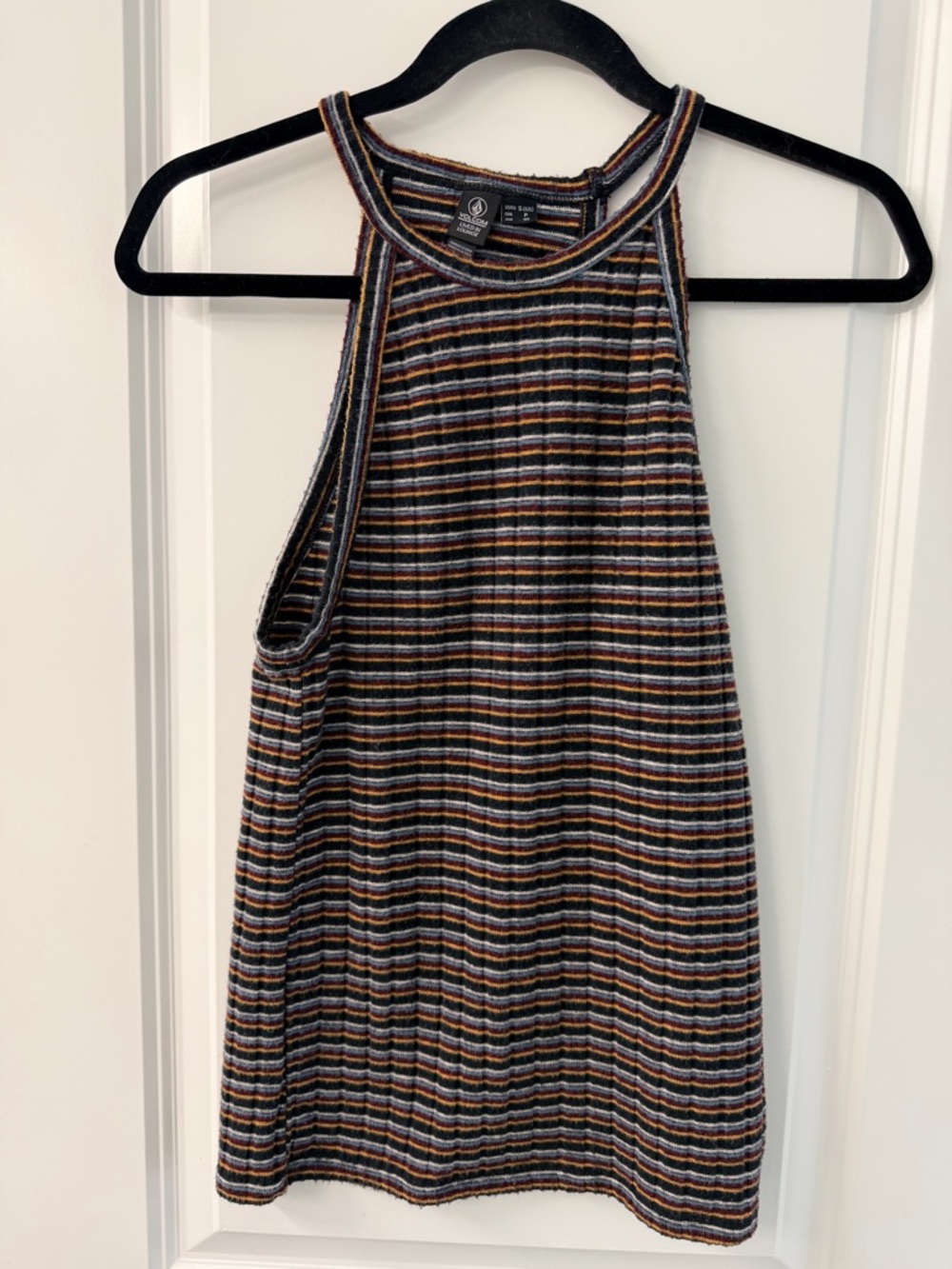 Volcom Ribbed Striped Halter Tank in Navy, Rust, Cream, and Light Blue
